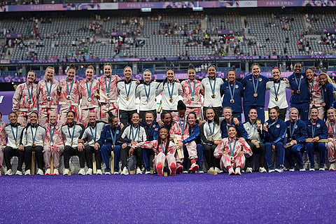 Women's Rugby Sevens: New Zealand, who won gold, Canadian, silver, and United States, bronze pose for the media